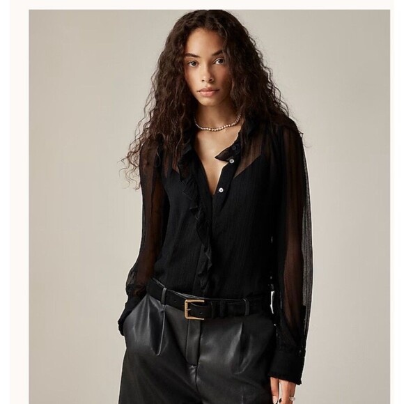 J.CREW Ruffle Button-up Shirt in Crinkle Chiffon Size 4 Black NEW Modern CF436 - Picture 1 of 16